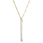 Lat & Lo Bicoastal necklace, sterling silver vertical column pendant on yellow gold filled bar and link chain, inscribed with back inscription
