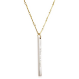Lat & Lo Bicoastal necklace, sterling silver vertical column pendant on yellow gold filled bar and link chain, inscribed with back inscription