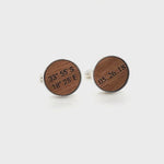 Video of Lat & Lo walnut wood engraved coordinates cufflinks for men. By Lat & Lo. www.latandlo.com